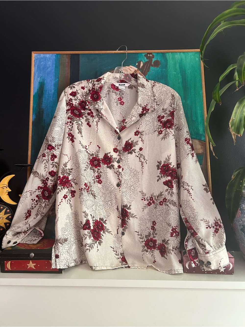 Alia Floral Button Front Blouse Beige Burgundy Long Sleeve Women Size 14 Top